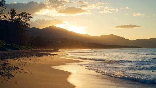 Golden Sunset Beach with Silhouetted Mountains