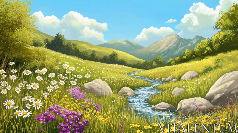 AI ART Tranquil Meadow with Stream and Mountains