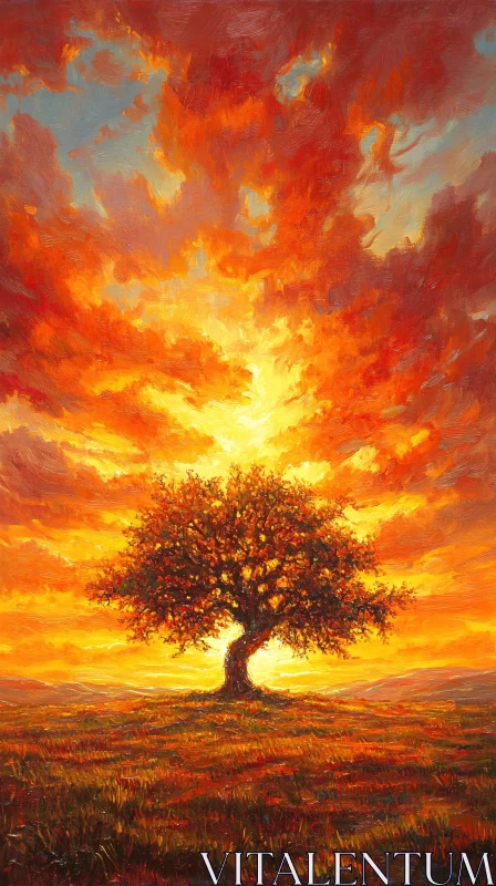 AI ART Sunset Landscape with Majestic Tree