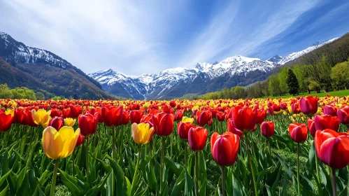 Blooming Tulips Against Majestic Mountains