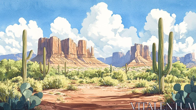 AI ART Desert Scenery with Cactus and Mountains