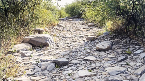 Lush Green Forest Path with Sunlit Rocks