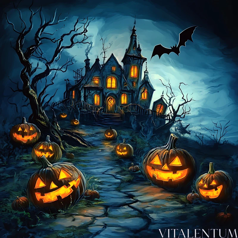 Spooky Haunted House on Halloween Night AI Image