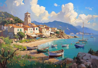 Mediterranean Coastal Landscape with Boats and Village