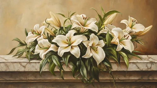 White Lilies Bouquet on Marble Ledge Oil Painting