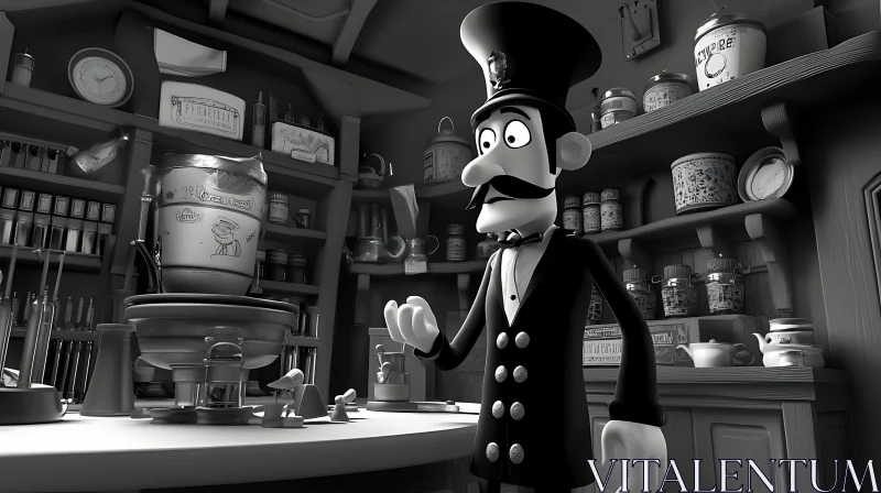 Intricately Detailed Black and White Cartoon Scene AI Image