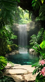 Serene Tropical Scene with Cascading Waterfall