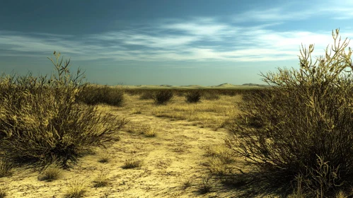 Arid Desert View with Bushes and Sand Dunes