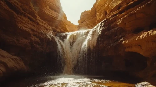 Cascading Waterfall in Rugged Sunlit Canyon