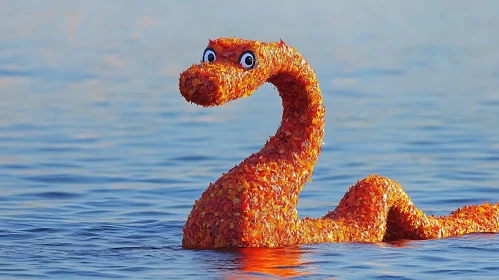 Playful Orange Leaf Serpent Sculpture in Lake