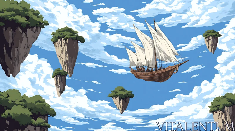 Aerial Adventure with Skyship and Floating Islands AI Image