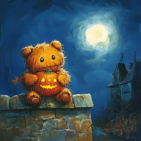 Moonlit Halloween Scene Featuring Teddy Bear