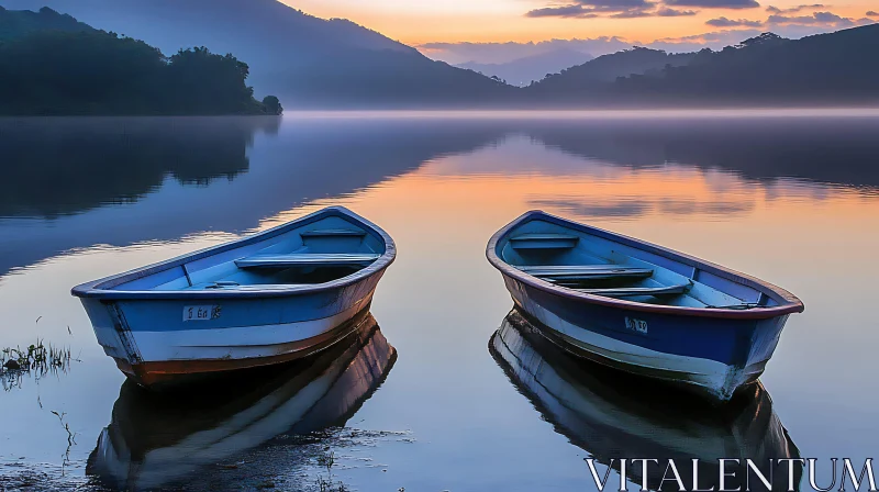 Peaceful Dawn on a Misty Lake with Boats AI Image