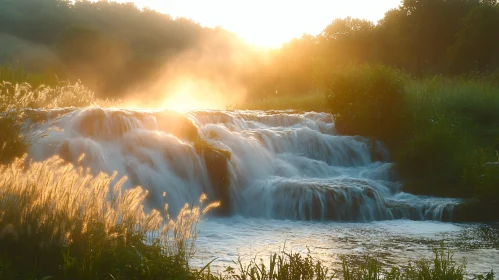 Golden Sunrise Over Cascading Waterfall