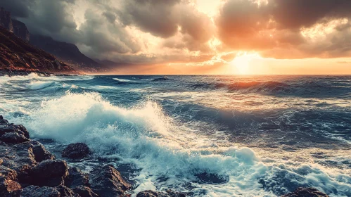 Sunset over Coastal Waves and Rocks