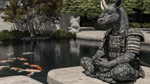 Rhinoceros Samurai's Peaceful Meditation by Tranquil Pond