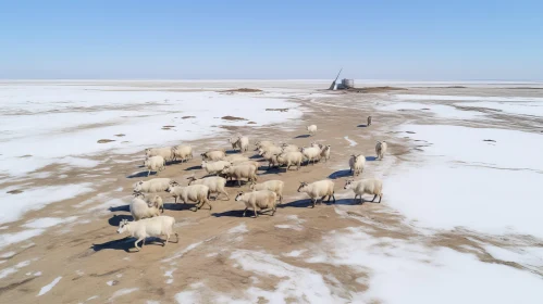 Aerial View of Sheep Flock in Snowy Terrain