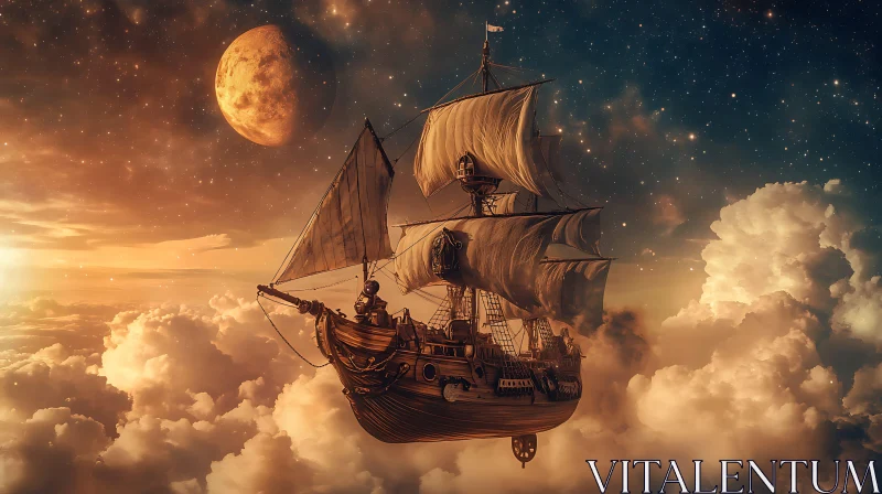 Ethereal Sailing Ship in a Dreamlike Night Sky AI Image