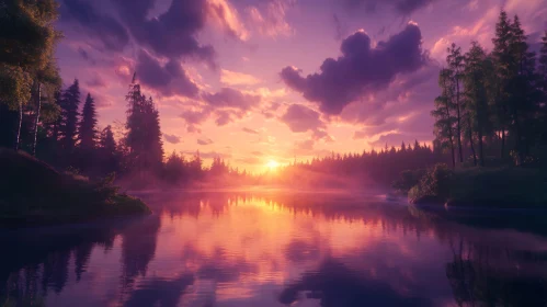 Sunset Reflections on a Forest Lake