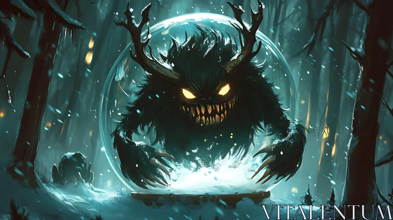 Monster in Crystal Ball in Snowy Forest AI Image