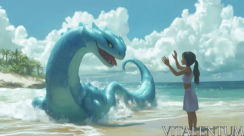 AI ART Fantasy Beach Dragon and Girl Interaction