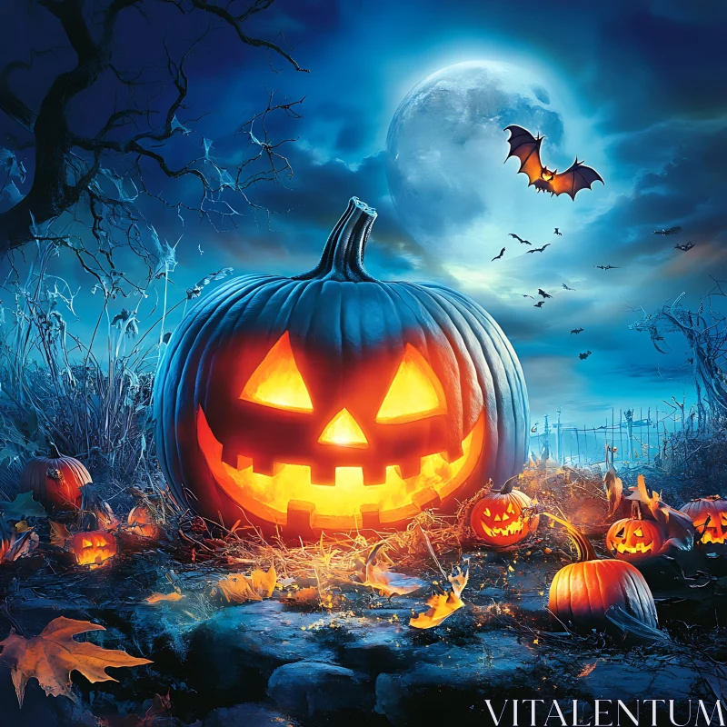 AI ART Eerie Halloween Scene with Bats and Pumpkins