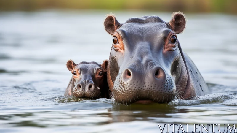 Intense Gaze: Hippo Mother and Baby in Water AI Image