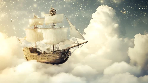 Dreamlike Airship Floating in a Cloudy Sky