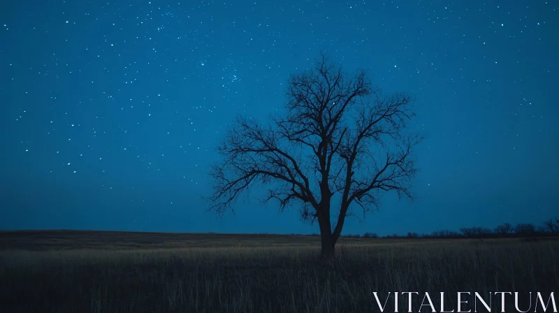 Lonely Tree in Star-Lit Field AI Image