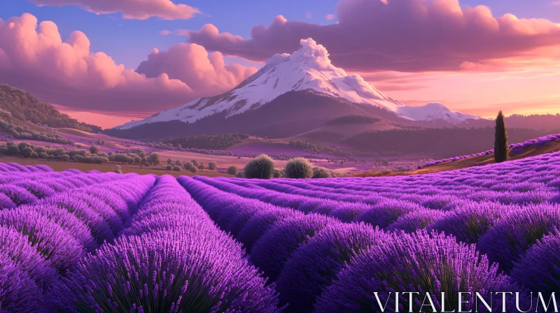 AI ART Purple Fields and Majestic Mountain at Dusk