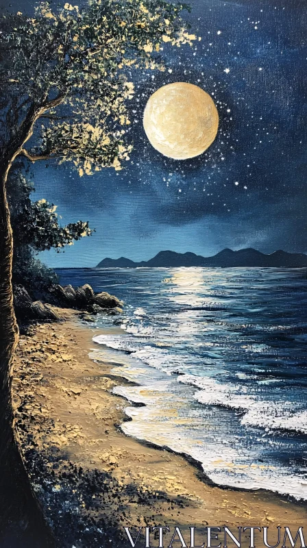 AI ART Serene Night Beach with Moonlit Sea