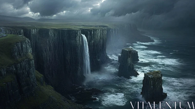 Majestic Cliffs and Waterfall under Stormy Clouds AI Image