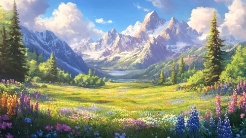 Scenic Landscape with Wildflowers and Mountains