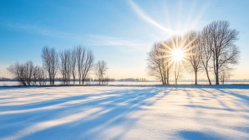 Tranquil Winter Scene with Sunlight Filtering Through Trees