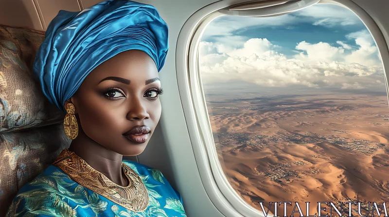 Elegant Woman in Airplane with Desert View AI Image