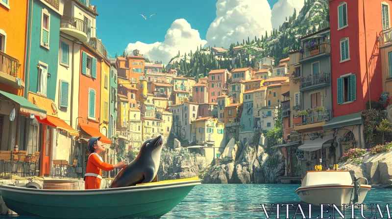 Colorful Coastal Town With Animated Boat and Seal AI Image