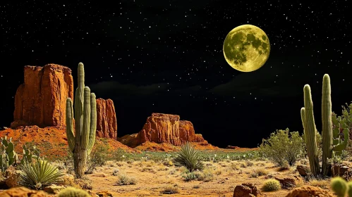 Starry Night Over Desert with Moon and Cacti