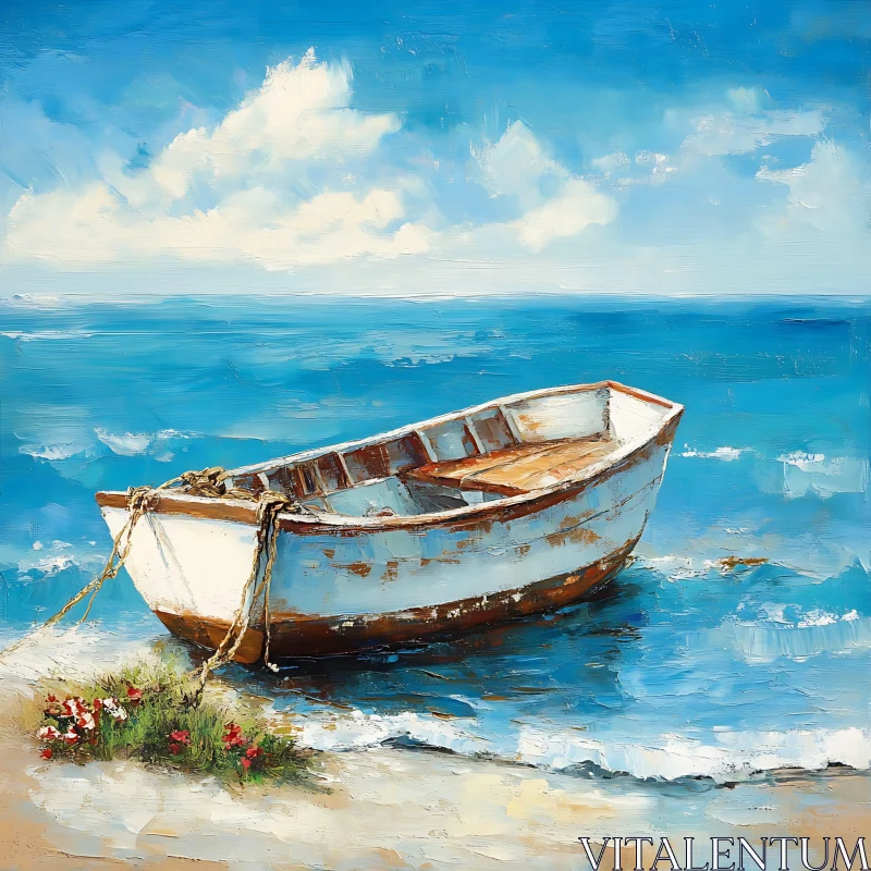 Serene Seascape with a Rustic Boat AI Image