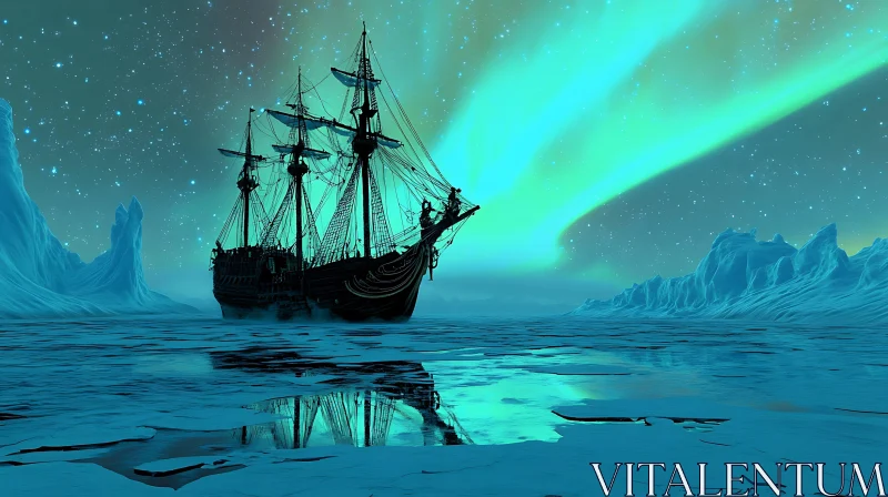 Sailing Ship and Northern Lights Reflection AI Image