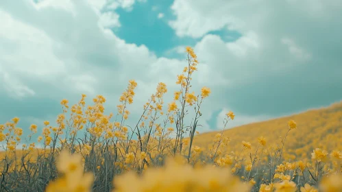 Spring Field with Yellow Flowers and Blue Sky