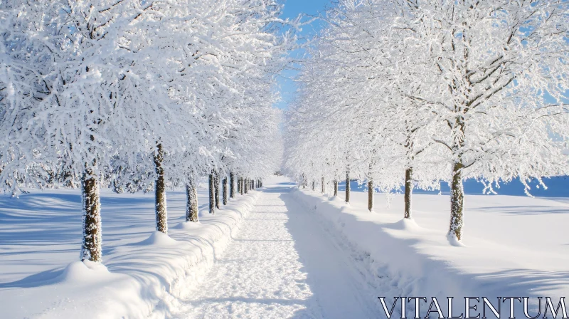 AI ART Peaceful Winter Pathway through Snowy Trees