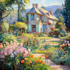 Serene Oil Painting of a Cottage in a Blooming Garden