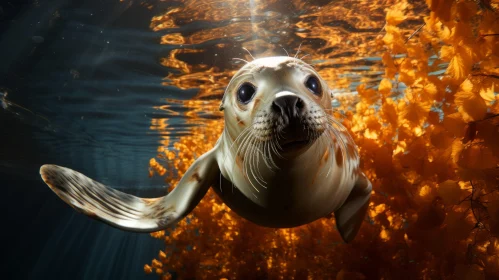 Underwater Seal Journey Surrounded by Orange Kelp
