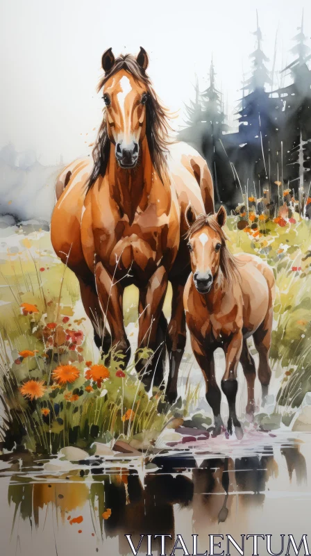 Watercolor Landscape of Horses in Field AI Image