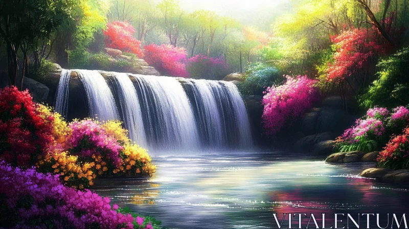 AI ART Tranquil Waterfall with Colorful Blossoms