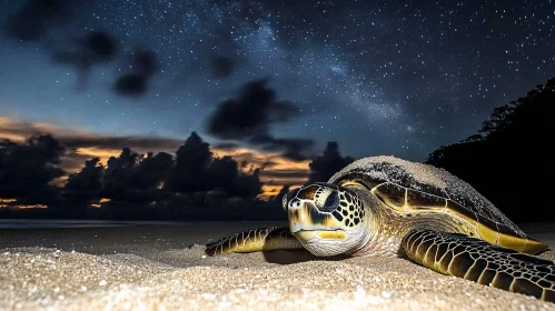 Nocturnal Beach Scene with a Sea Turtle