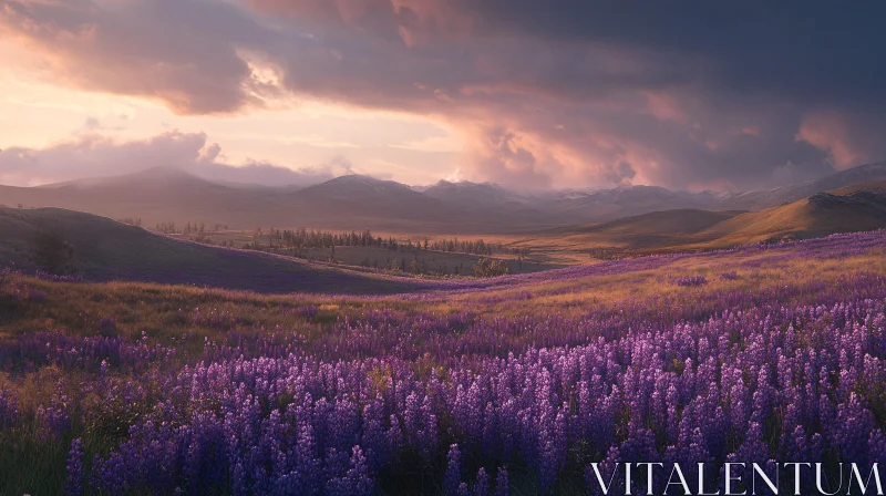 Lavender Field and Mountain Vista at Dusk AI Image