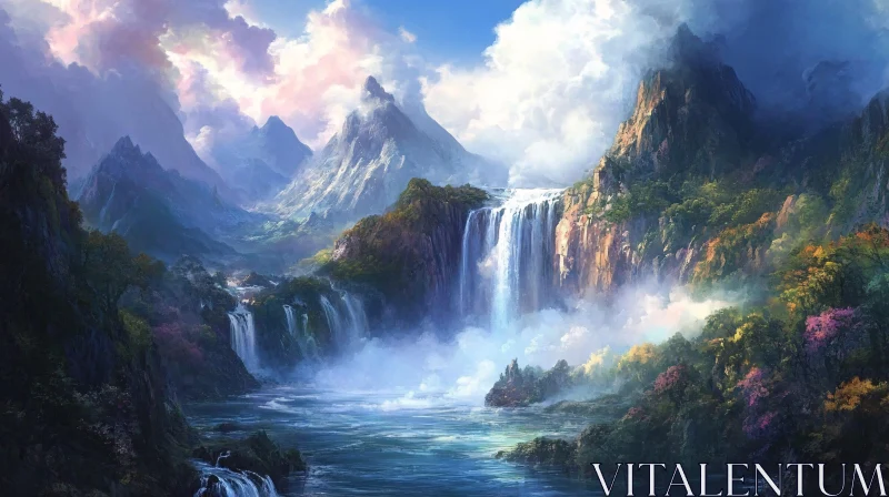 AI ART Idyllic Landscape of Waterfalls and Mountains