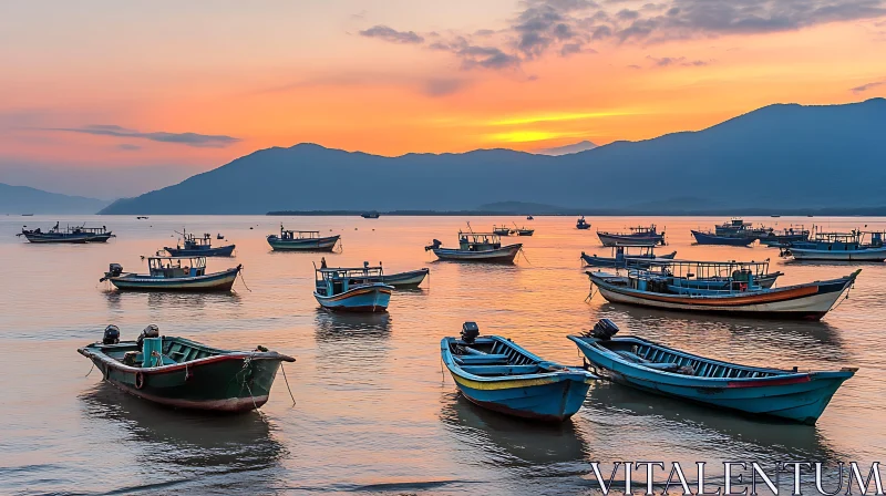 Sunset Fishing Boats on a Calm Sea with Mountainous Horizon AI Image