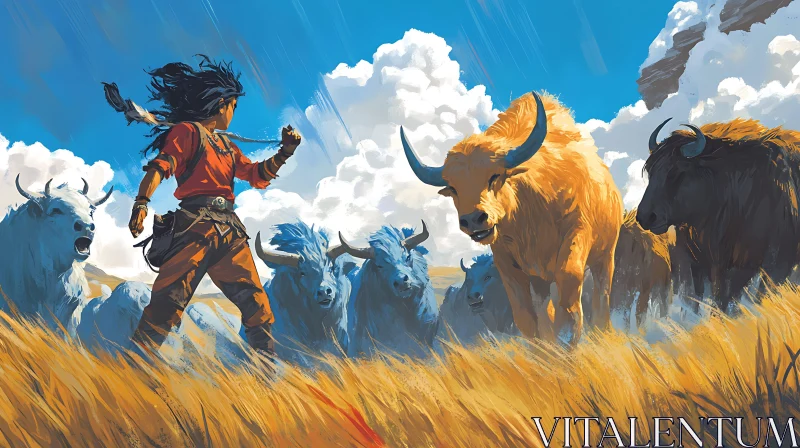 Warrior and Buffalo: Grassland Encounter AI Image